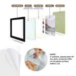 Exploded view diagram showing the layers of a photo frame assembly: Frame Molding, Cover, Photo Mat, Picture, and Backboard, alongside instructions to peel off the protective film from the cover.