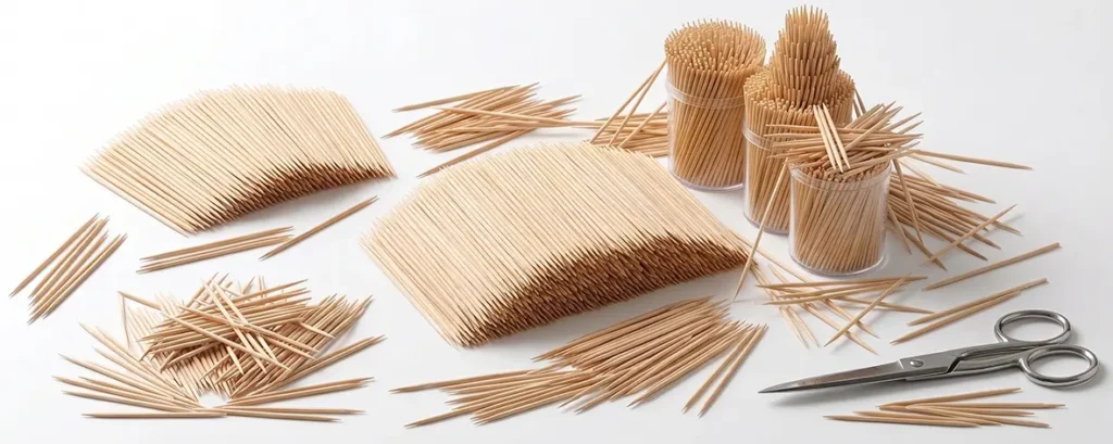 A high-angle studio shot showcasing a vast collection of thin natural wooden sticks arranged in neat stacks, piles, and clear plastic containers over a plain white background. A sharp silver metal craft scissor rests on the bottom right corner, representing a creative crafting setup.