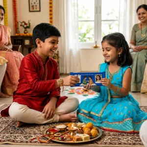 A young Indian brother in a red Kurta and sister in a blue Lehenga celebrating Raksha Bandhan, exchanging a customized Cadbury Dairy Milk chocolate bar with personal photos printed on the wrapper.