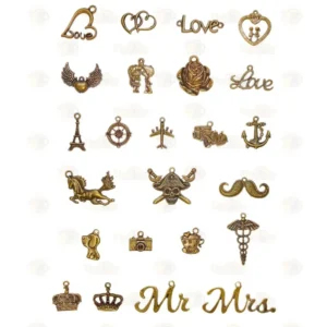 A product catalog grid showcasing various antique bronze metallic charm options from upahar18 used for personalizing accessories, including heart shapes, wings, Eiffel Tower, compass, airplane, anchor, horse, pirate skull, mustache, camera, teacup, crowns, and cursive words like Love, Mr, and Mrs.