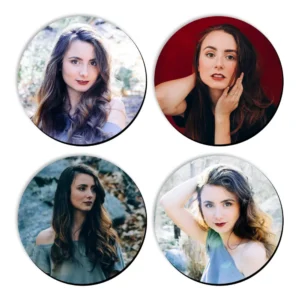 A grid layout of four distinct circular MDF coasters by upahar18, each showcasing a different high-quality printed portrait of a woman.
