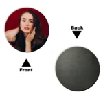 Front view of a round coaster from upahar18 featuring a printed portrait of a woman against a red backdrop, alongside a dark grey textured wood back view.