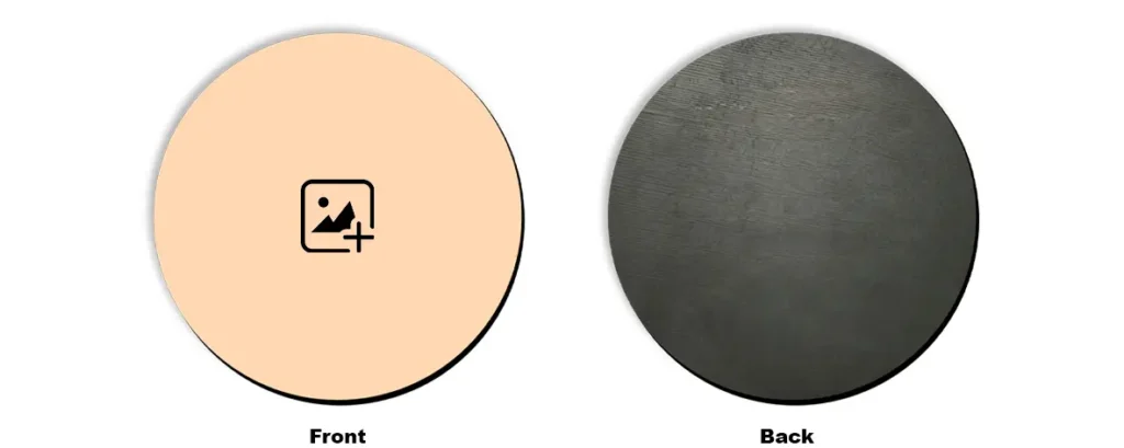A mockup display of a blank round coaster by upahar18 with an image upload icon on the front and a dark wooden texture on the back.
