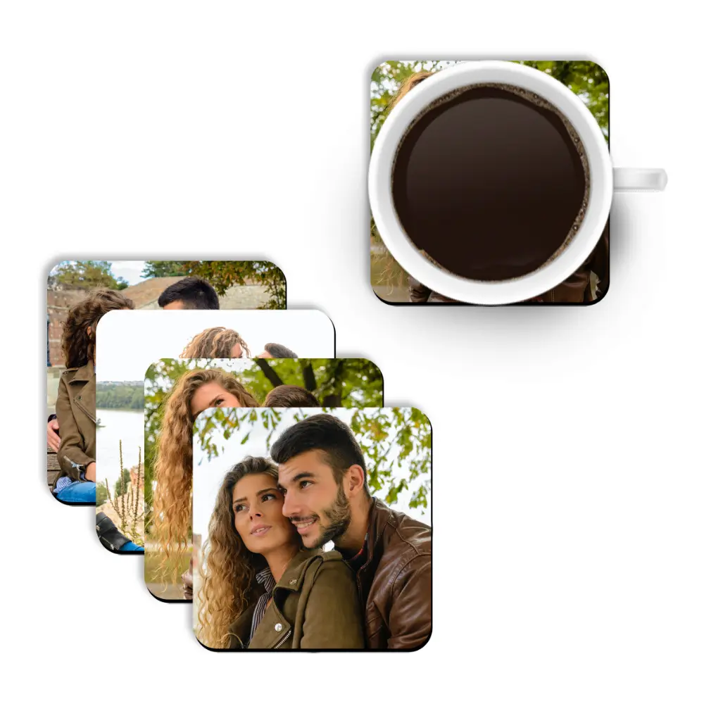 Square-Shape Personalized Photo Printed MDF Coaster 001a A 2x2 grid display of four individual square-shaped MDF coasters by upahar18, each highlighting a different high-quality printed photo of a young couple outdoors.