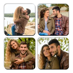A top-down mockup view of a white ceramic mug filled with black coffee placed next to a diagonal stack of four square MDF coasters from upahar18 printed with romantic couple photos.