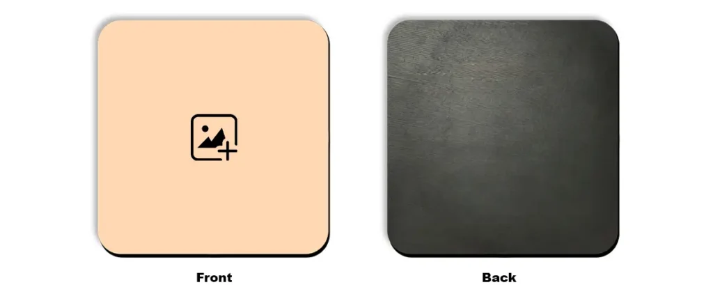 A square mockup template of a blank coaster by upahar18 with a central image upload icon on the front and a dark grey textured wood pattern on the back.