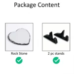 A product package content diagram with the bold black heading 'Package Content' on a plain white background. The image is split into two boxes: the left box displays a blank white heart-shaped Upahar18 personalized photo printed rock stone plaque with natural chiseled dark grey edges, labeled 'Rock Stone'. The right box displays two matching small black plastic display stands, labeled '2 pc stands'. Below each box, there is a vibrant green circular checkmark icon to confirm the contents included in the package.