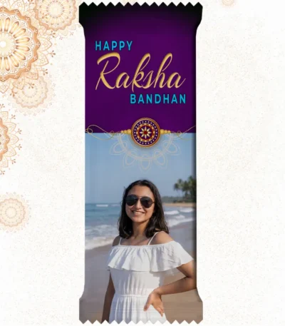 Customized Cadbury Dairy Milk by upahar18 with a purple customize design wrapper showing an English Rakhi greeting, a traditional rakhi thread illustration, and a real photo chocolate print of a smiling girl on a sunny beach.