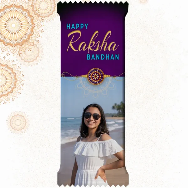 Customized Cadbury Dairy Milk by upahar18 with a purple customize design wrapper showing an English Rakhi greeting, a traditional rakhi thread illustration, and a real photo chocolate print of a smiling girl on a sunny beach.
