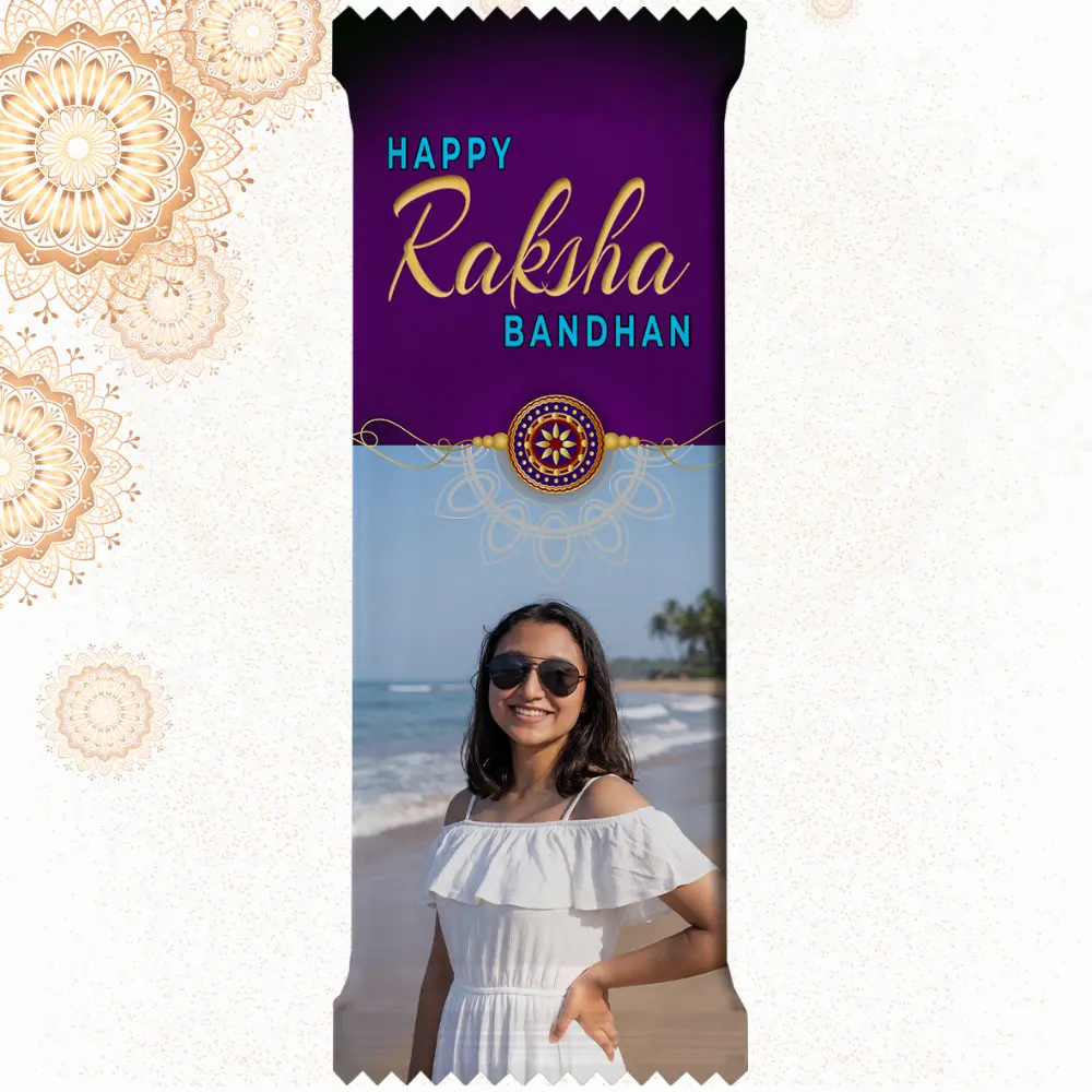 Customized Cadbury Dairy Milk by upahar18 with a purple customize design wrapper showing an English Rakhi greeting, a traditional rakhi thread illustration, and a real photo chocolate print of a smiling girl on a sunny beach.
