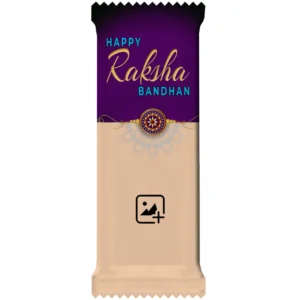 Upahar18 Cadbury Dairy Milk chocolate bar featuring a royal purple and cream customize design wrapper with the English text Happy Raksha Bandhan, an intricate rakhi motif, and an image placeholder for a personalized photo chocolate look.