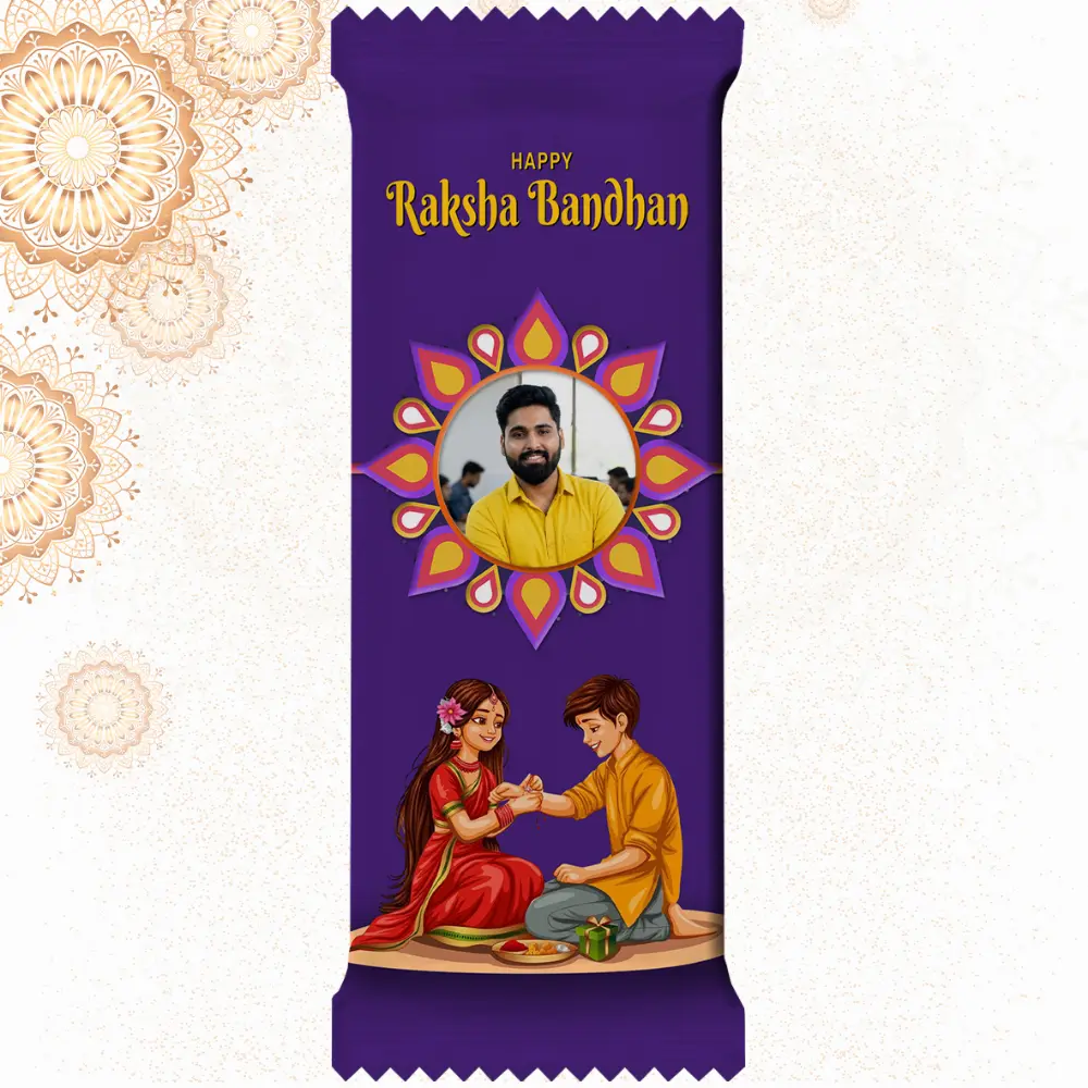 Custom Cadbury Dairy Milk bar by upahar18 with a purple customize design wrapper, English Rakhi greetings, cute sibling artwork, and a high-quality photo chocolate print of a smiling man in a yellow shirt.