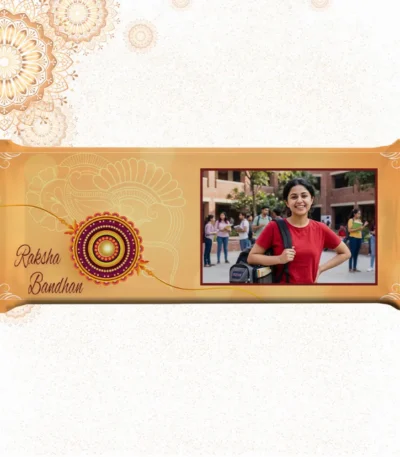 Horizontal custom Cadbury Dairy Milk bar by upahar18 with a golden-cream customize design wrapper showcasing a rakhi graphic, English wishes, and a personal photo chocolate print of a smiling girl with a backpack.