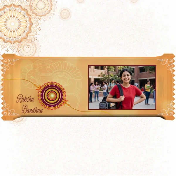 Horizontal custom Cadbury Dairy Milk bar by upahar18 with a golden-cream customize design wrapper showcasing a rakhi graphic, English wishes, and a personal photo chocolate print of a smiling girl with a backpack.