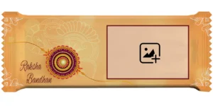 Horizontal Upahar18 Cadbury Dairy Milk featuring a premium golden-cream customize design wrapper with a large traditional rakhi thread artwork, elegant English typography, and an empty rectangular photo chocolate slot.