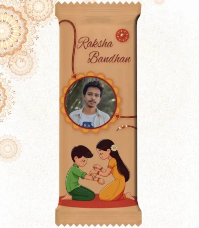 Customized Cadbury Dairy Milk by upahar18 with a pastel brown customize design wrapper featuring English typography, cute kids art, and a photo chocolate print of a young man in a white shirt.