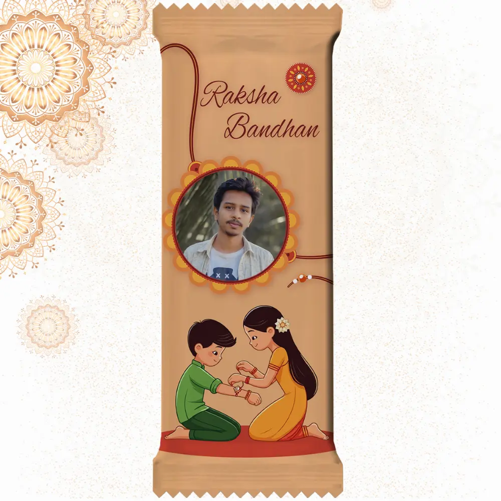 Customized Cadbury Dairy Milk by upahar18 with a pastel brown customize design wrapper featuring English typography, cute kids art, and a photo chocolate print of a young man in a white shirt.