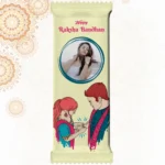 Custom cream Cadbury Dairy Milk bar from upahar18 with a minimalist customize design wrapper featuring modern line art, English wishes, and a photo chocolate print of a girl in a white outfit.