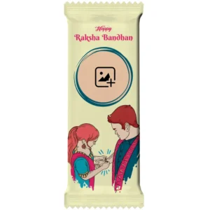 Minimalist cream-colored Upahar18 Cadbury Dairy Milk cover with a customize design sketch of a sister tying a rakhi, a teal circular photo chocolate template frame, and pink English Happy Raksha Bandhan text.