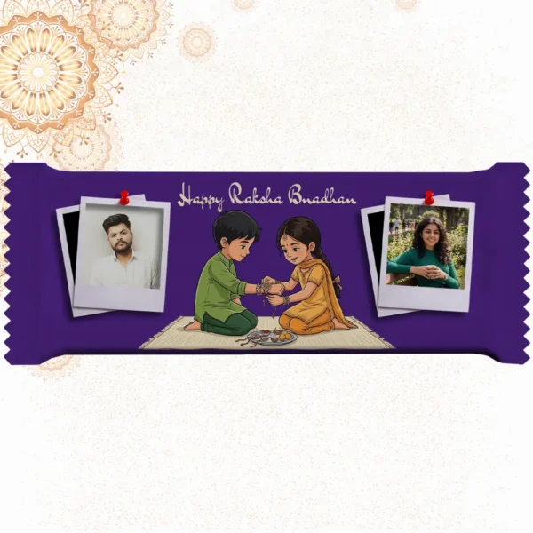 Horizontal royal purple custom Cadbury Dairy Milk by upahar18 with a customize design wrapper displaying English Rakhi wishes, festive artwork, and two personalized photo chocolate prints in side-by-side Polaroid frames.