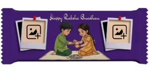 Horizontal royal purple Upahar18 Cadbury Dairy Milk cover featuring a customize design wrapper with dual blank Polaroid photo chocolate frames pinned with red tacks, a central cartoon sibling art, and English Happy Raksha Bandhan text.