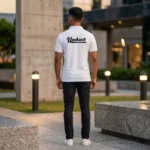 Back view of a male model wearing a white polo T-Shirt showcasing the upahar18 brand text printed clearly across the upper back.