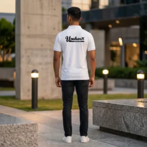 Back view of a male model wearing a white polo T-Shirt showcasing the upahar18 brand text printed clearly across the upper back.