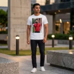 A male model posing outdoors in a white round neck polyester T-Shirt from upahar18 featuring a personalized custom photo of a man in a red shirt printed on the front.
