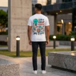 Back view of a male model wearing a white polyester T-Shirt from upahar18 showcasing a colorful creative doodle artwork printed across the entire back.