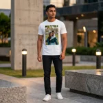 A male model outdoors wearing a white round neck polyester T-Shirt from upahar18 with a personalized custom photo of two girls playing printed on the front.