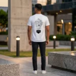 Back view of a male model wearing a white polyester T-Shirt from upahar18 featuring a creative black light bulb graphic made of 'IDEA' text printed on the back.