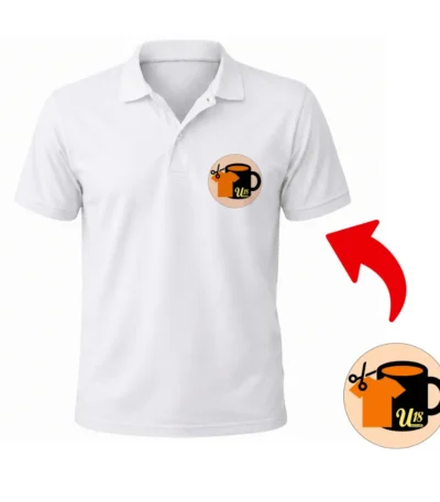 A close-up front view of an upahar18 personalized white polo T-Shirt showcasing a small circular brand logo on the left chest with an enlarged callout circle magnifying the design.