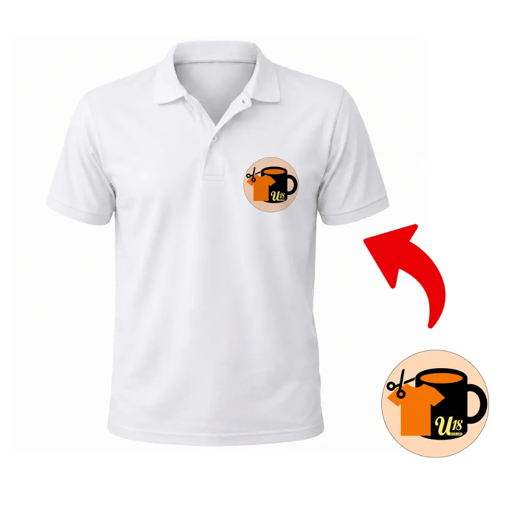 A close-up front view of an upahar18 personalized white polo T-Shirt showcasing a small circular brand logo on the left chest with an enlarged callout circle magnifying the design.