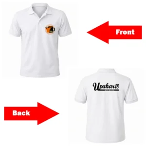 A dual front and back view mockup layout of an upahar18 printed polo tshirt, featuring a small circular chest logo on the front and the black "Upahar18 print & crafts" branding text on the back.
