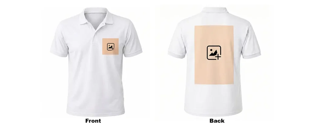 A back view of a white upahar18 polo tshirt featuring the signature black "Upahar18 print & crafts" brand script printed on the upper back, with a magnified text cutout highlighted by a red arrow.