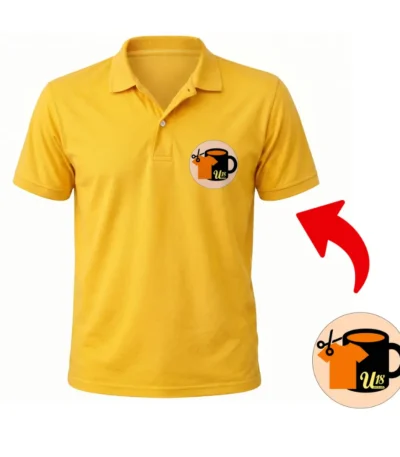 Front view of a yellow upahar18 polo tshirt with a circular custom photo logo printed on the left chest, highlighted by a big red arrow.