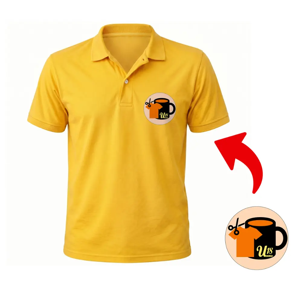 Front view of a yellow upahar18 polo tshirt with a circular custom photo logo printed on the left chest, highlighted by a big red arrow.