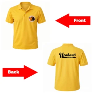 Detailed guide showing the Front with a chest logo and Back with brand text of the upahar18 personalized custom photo printed yellow polo T-Shirt.