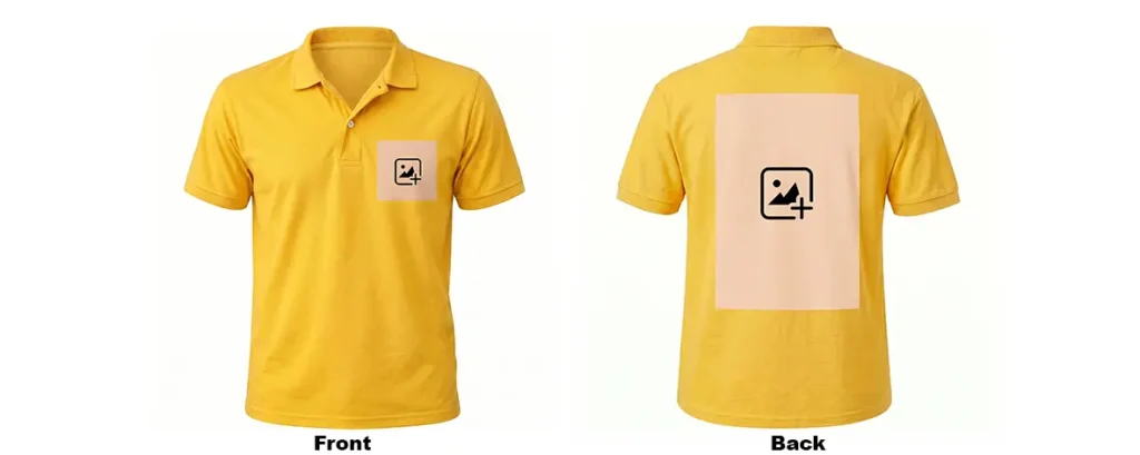 Front and back view of a yellow polo collar T-Shirt by upahar18 featuring blank placeholder slots on the chest and back for a personalized custom photo to be printed.