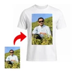 Front view of a white round neck tshirt by upahar18 featuring a real personalized custom photo printed on the front, highlighted by a red arrow.