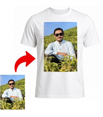 Front view of a white round neck tshirt by upahar18 featuring a real personalized custom photo printed on the front, highlighted by a red arrow.