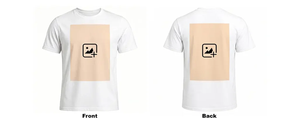 Front and back mockup view of a white mixed cotton T-Shirt from upahar18 displaying large rectangular blank spaces to print a personalized custom photo.