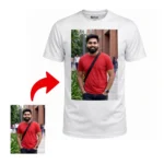 Front view mockup of a white polyester T-Shirt from upahar18 featuring a realistic custom photo of a bearded man in a red shirt printed on the front.