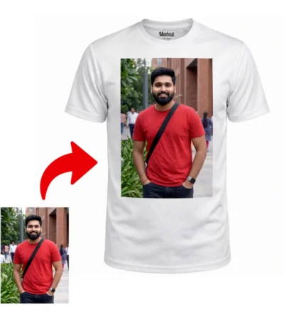 Front view mockup of a white polyester T-Shirt from upahar18 featuring a realistic custom photo of a bearded man in a red shirt printed on the front.