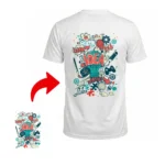 Back view mockup of a white polyester T-Shirt by upahar18 displaying a multicolored creative doodle art with 'IDEA' typography printed across the back.