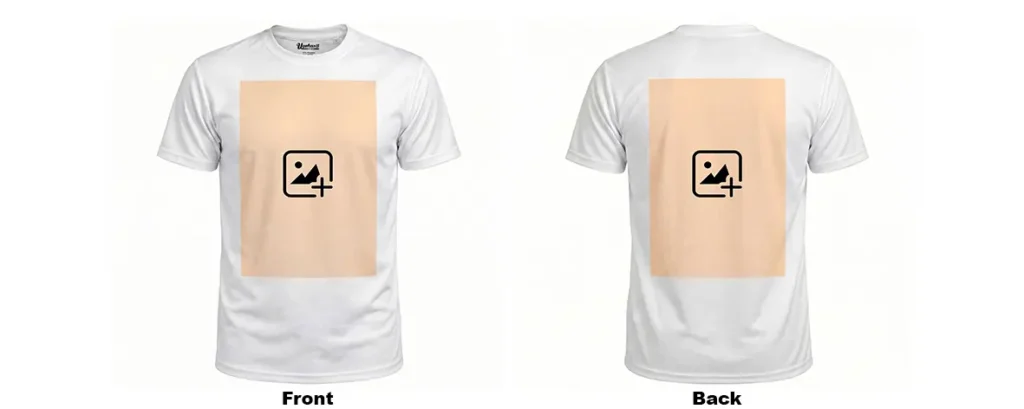Side-by-side front and back blank mockup of a white polyester T-Shirt by upahar18 showing vertical design placeholder slots on both sides for printing a personalized custom photo.