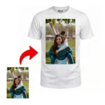 Front view mockup of a white polyester T-Shirt from upahar18 featuring a realistic custom photo printed on the front showing a girl giving a piggyback ride to another girl outdoors.