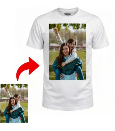 Front view mockup of a white polyester T-Shirt from upahar18 featuring a realistic custom photo printed on the front showing a girl giving a piggyback ride to another girl outdoors.