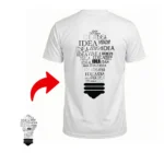 Back view mockup of a white polyester T-Shirt by upahar18 displaying a creative black light bulb graphic composed entirely of 'IDEA' text printed across the back.