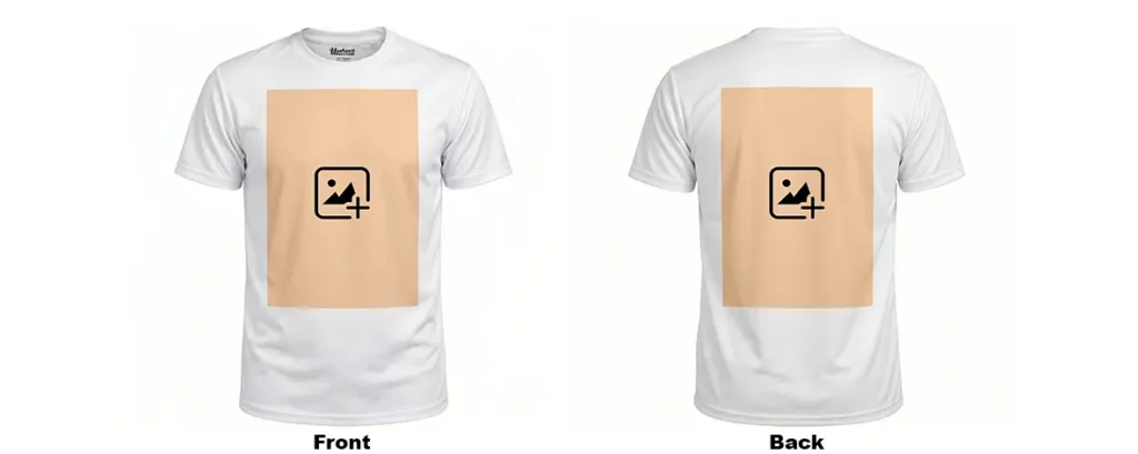 Side-by-side front and back view mockup of a blank white polyester T-Shirt by upahar18 showing vertical design placeholder slots on both sides for personalized custom photo printing.